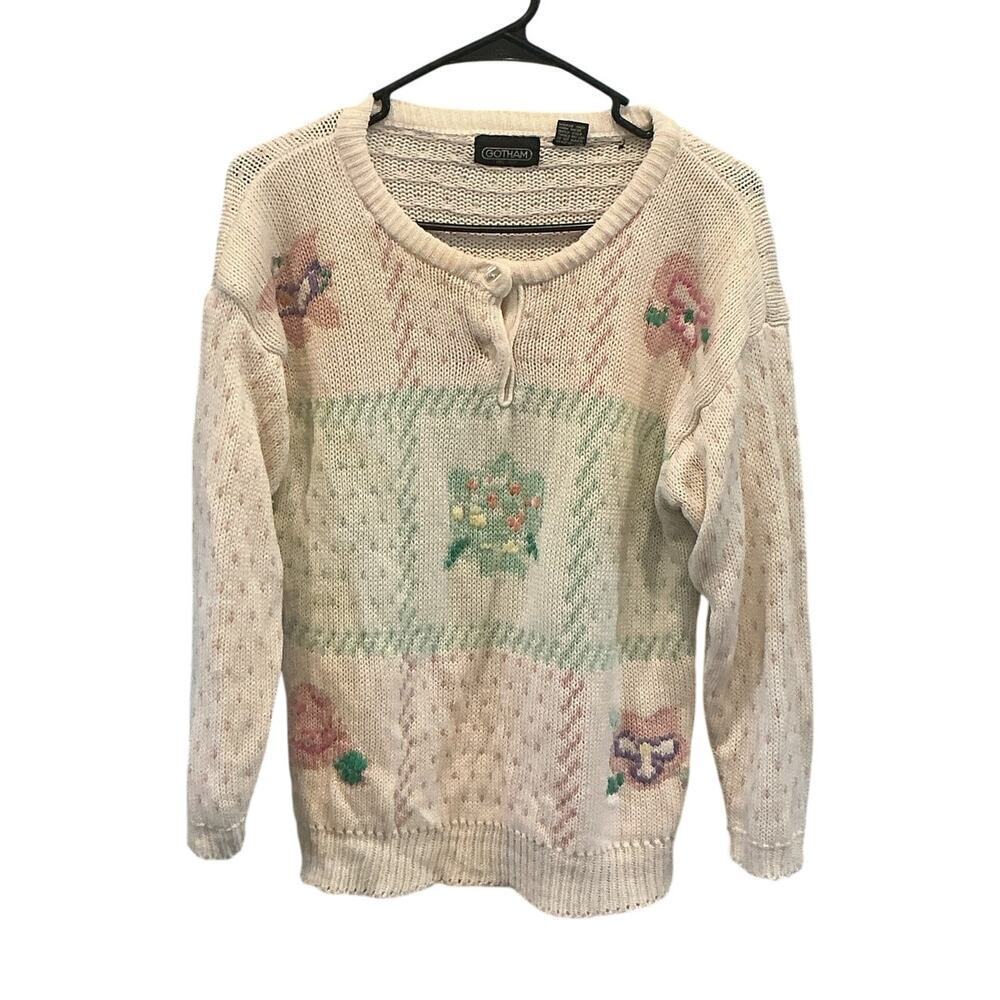 Vintage Gotham Chunky Knit Sweater Embroidered Grannycore Soft Girl Cottagecore